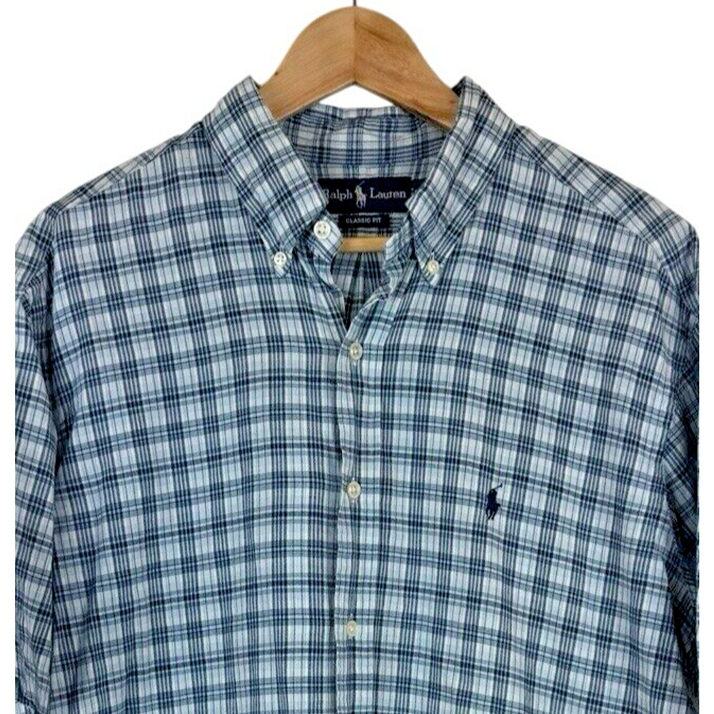 Ralph Lauren Classic Fit Shortsleeve Men's Size XL 100% Cotton Blue White Check - Picture 2 of 6